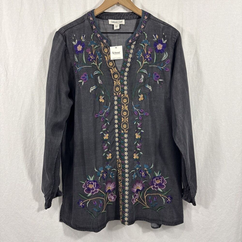 Coldwater Creek Grey Embroidered Floral Lyocell Tunic Top Womens Sz L Feminine